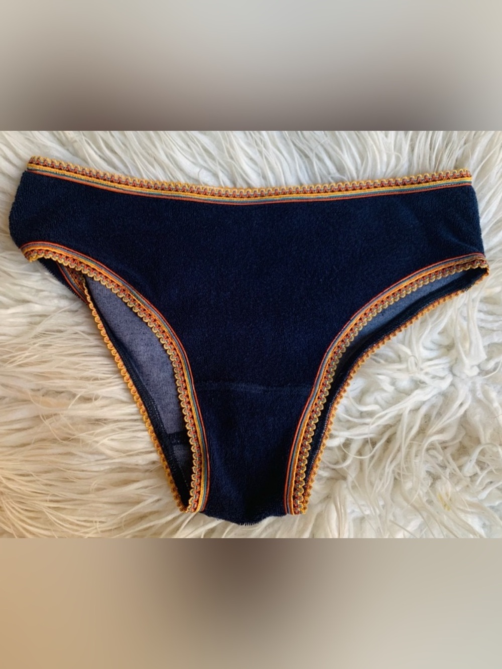 Stoned Immaculate Nikki Terry Bikini Swimsuit Bottoms In Navy Rainbow Trim Small